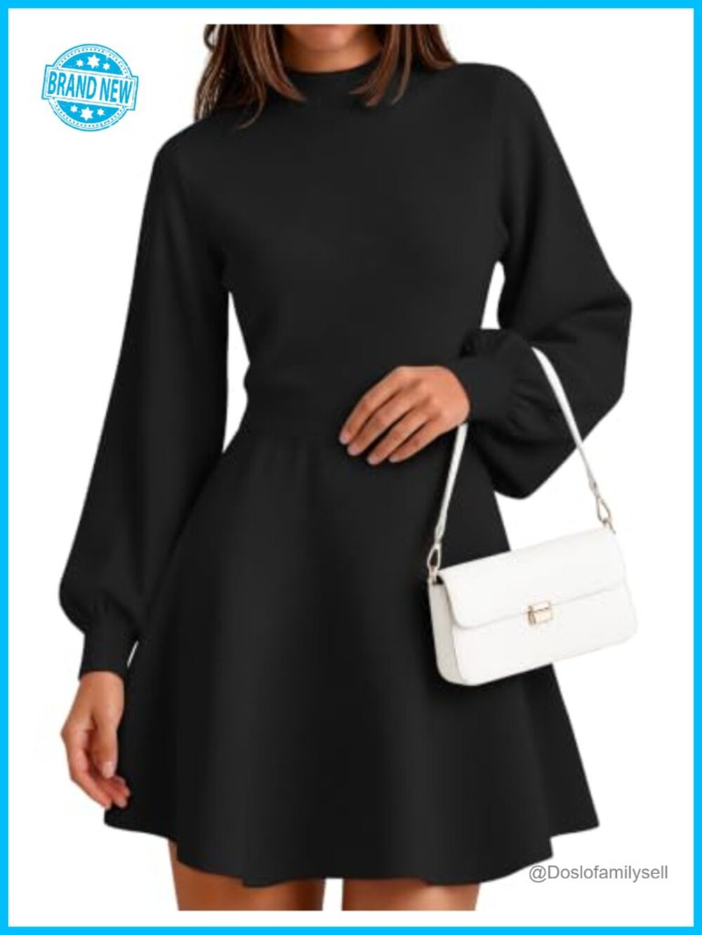 Mock Neck Lantern Sleeve Knit Sweater Mini Dress A-Line High Waist